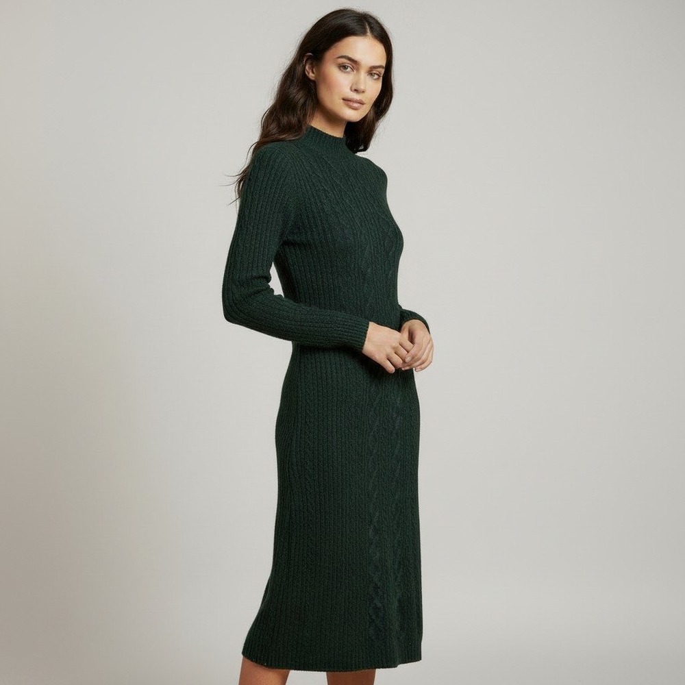 Marine Layer Forest Green Cable Knit Mock Neck Midi Sweater Dress Size Small